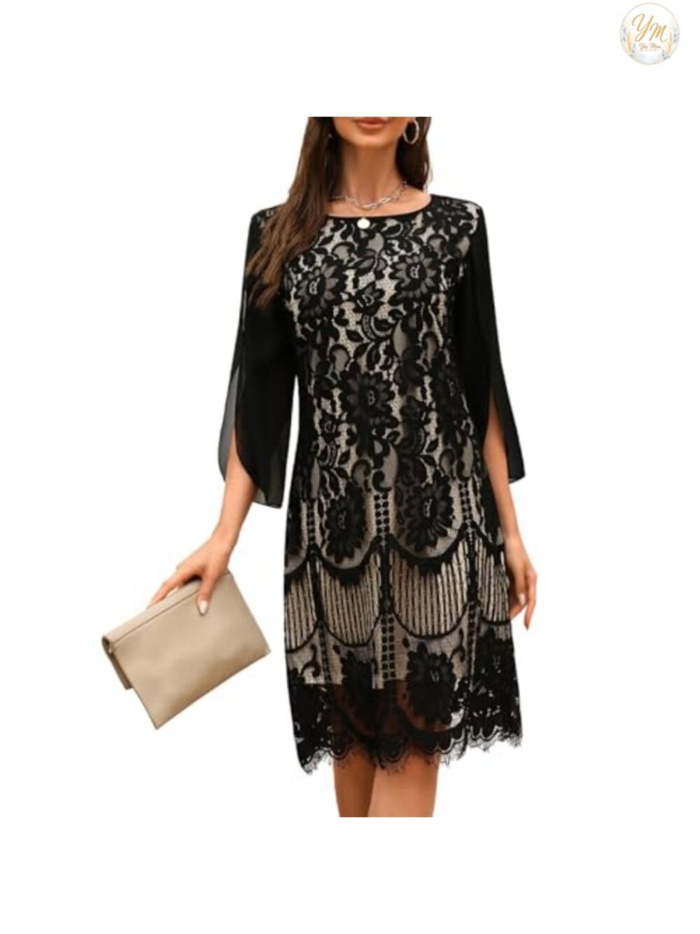 Lace Sequin Cocktail Dress Women Wedding Guest Formal 3/4 Sleeve Boat Neck